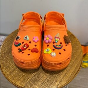 CROCS Kids Orange Clogs with Colorful Charm Decorations